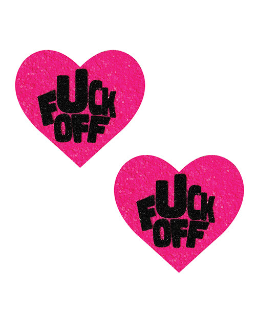 Neva Nude Fuck Off Glitter Blacklight Reactive Heart Pasties - Pink/Black O/S