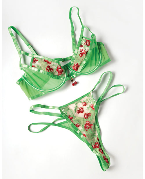 Cheri Underwire Embroidered 2 pc Set w/Cherry Charm Details - Neon Green XL