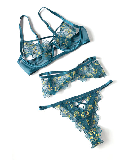 Daphne Lace Underwire 3 pc Set w/Embroidered Trim & Crossing Elastics - Blue MD