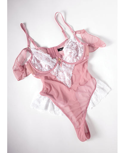 Cassandra Lace & Mesh Teddy w/Ruffle Details - Pink & White MD
