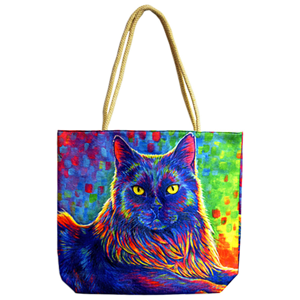 Psychedelic Rainbow Black Cat Jute Rope-Handled Tote Bag - 17"x15" - Smoke N’ Poke