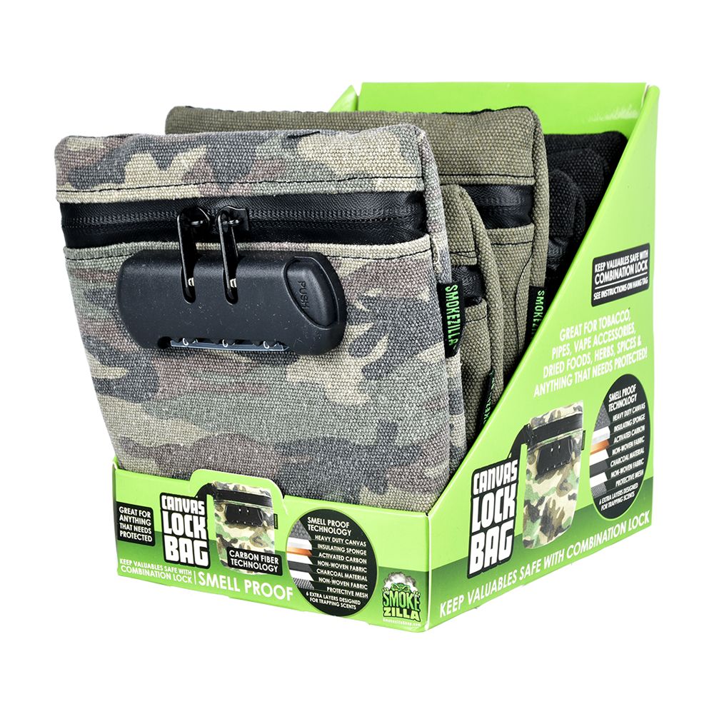 6CT DISPLAY - Smokezilla Smell Proof Locking Canvas Bag - 6"x6.25" / Assorted Colors