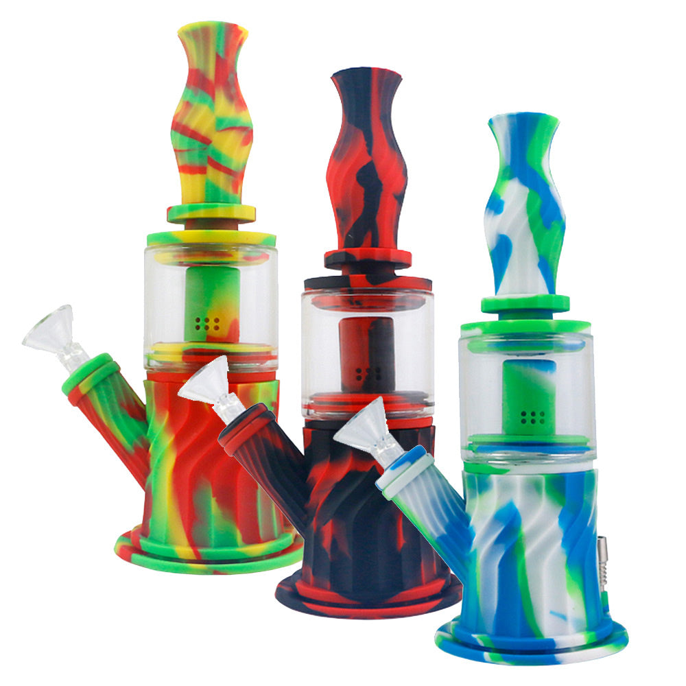 4 in 1 Silicone Water Pipe - 10" / 14mm F / Colors Vary - Smoke N’ Poke