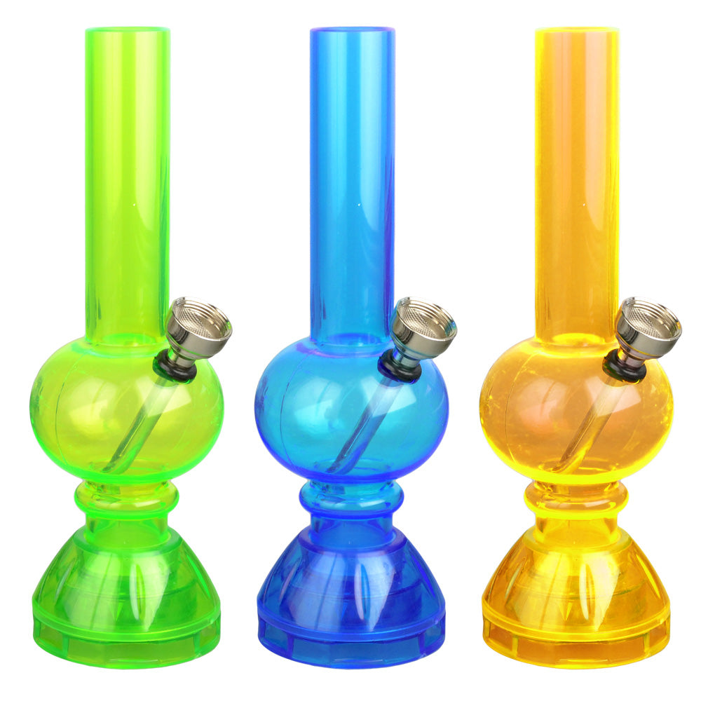 Mini Acrylic Water Pipe w/ Grinder Base- 6.75" / Colors Vary - Smoke N’ Poke