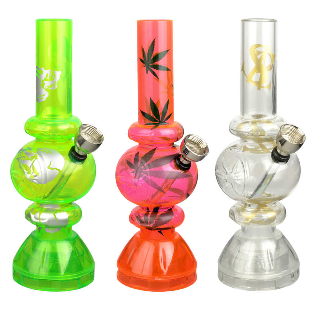 Mini Acrylic Bubble Water Pipe w/ Built in Grinder Base - 6.75" / Assorted Designs - Smoke N’ Poke