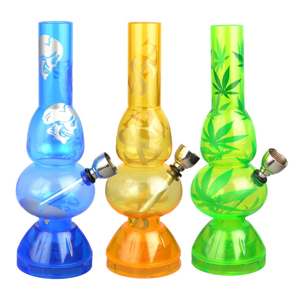 Mini Acrylic 2 Bubble Water Pipe w/ Built in Grinder Base - 6.75" / Assorted Designs - Smoke N’ Poke