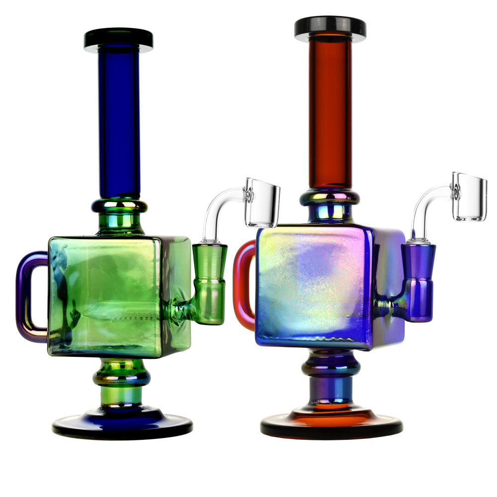 Iridescent Teapot Cube Inline Rig - 9.5"/14mm F/Colors Vary - Smoke N’ Poke