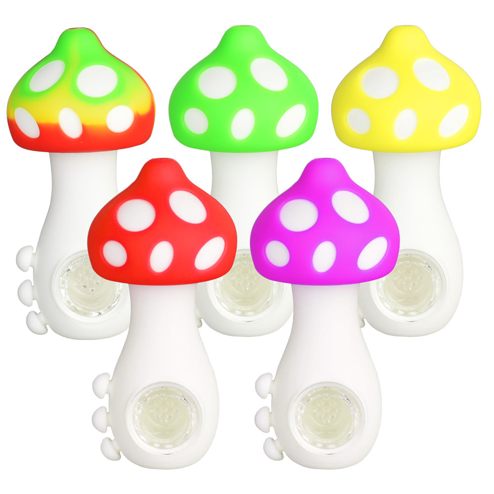 Mushroom Silicone Hand Pipe w/ Glass Bowl - 4.25"/Colors Vary - Smoke N’ Poke