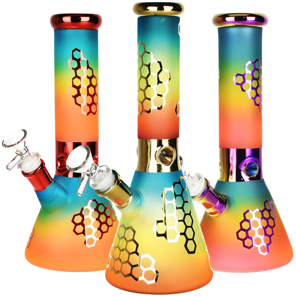 Rainbow Honeycomb Glass Water Pipe - 10" / 14mm F - Smoke N’ Poke