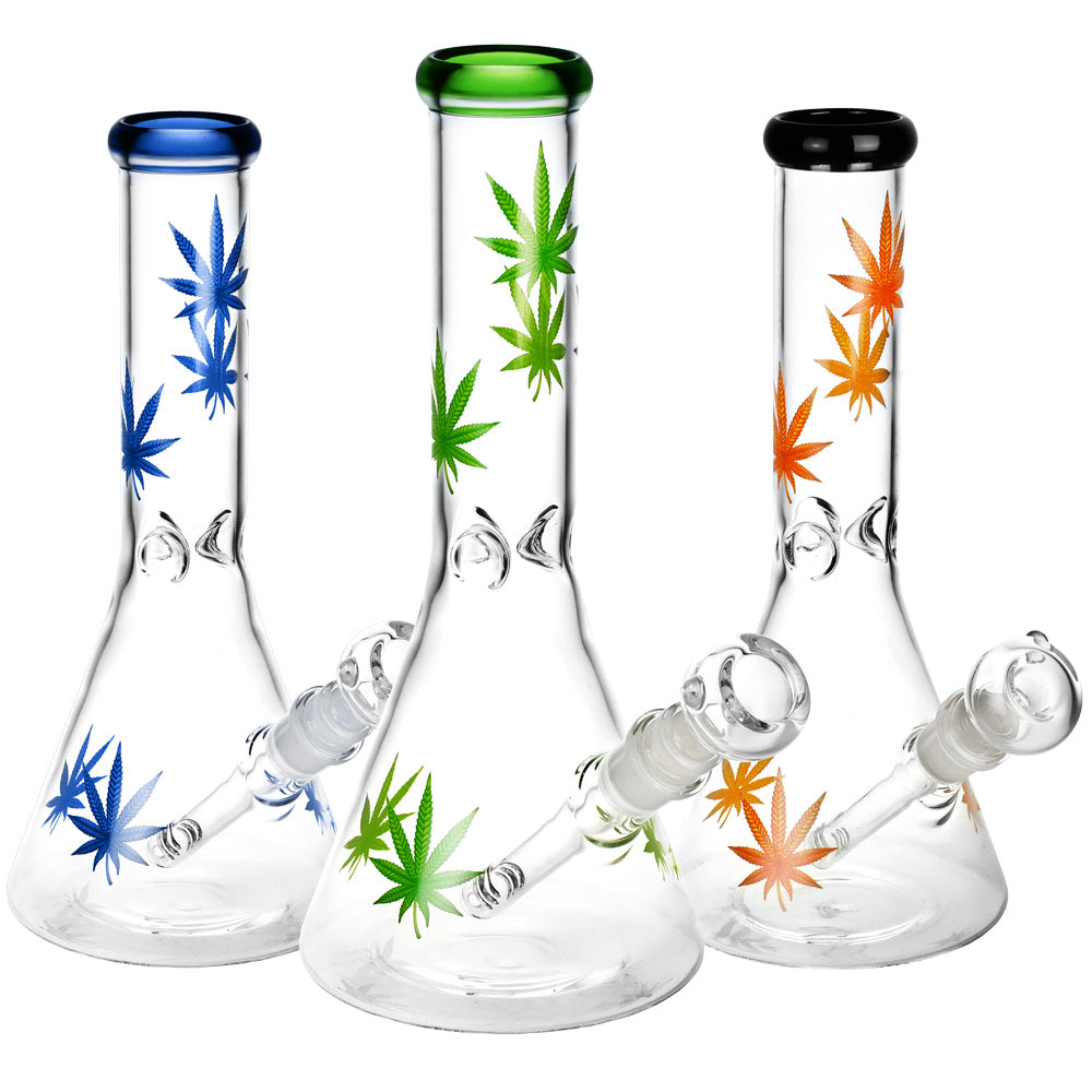 Sacre Bleu Leaf Print Beaker Water Pipe - 10"/14mm F/Colors Vary - Smoke N’ Poke