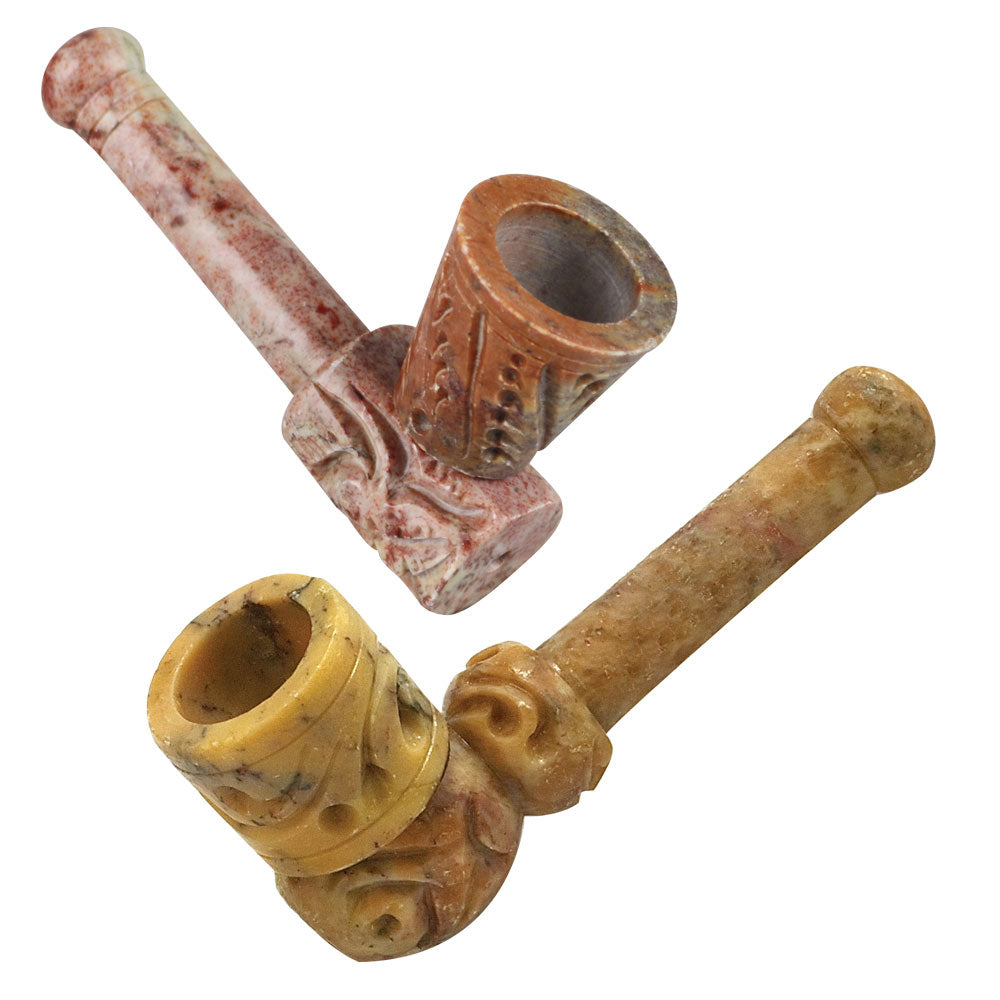 6PC - Chimney Carved Stone Pipe - 3.5" / Assorted Styles - Smoke N’ Poke