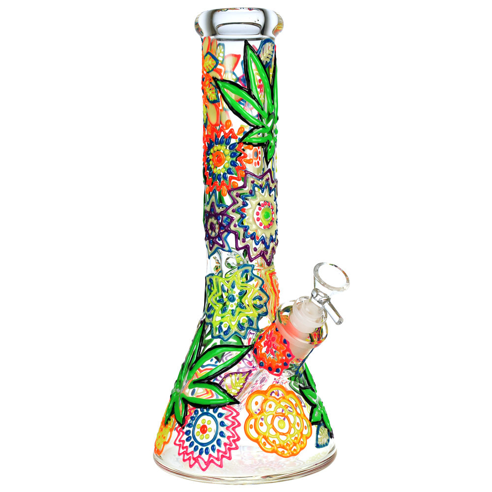 Mandala Hemp Leaf Beaker Water Pipe - 12.75"/14mm F