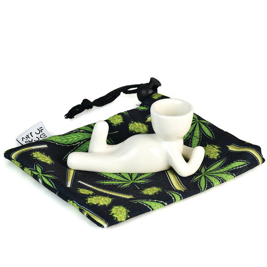 Art Of Smoke Pot Head Ceramic Pipe w/ Hemp Leaf Pattern Bag - Smoke N’ Poke