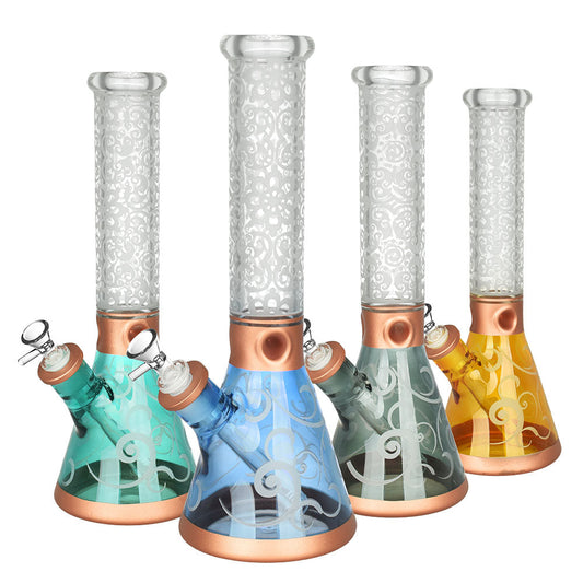 Retro Filigree Beaker Water Pipe - 13.5" / 14mm F / Colors Vary - Smoke N’ Poke