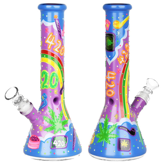 Beach Vibes 420 Painted Glass Beaker Water Pipe - 10" / 14mm F - Smoke N’ Poke