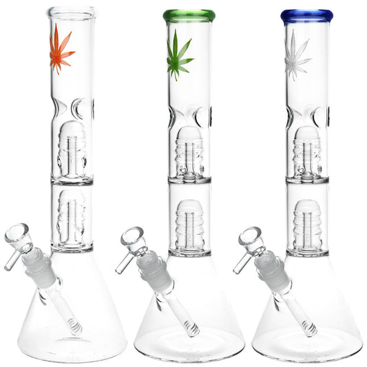 Double Stacked Hemp Leaf Beaker Water Pipe - 12" / 14mm F / Colors Vary - Smoke N’ Poke