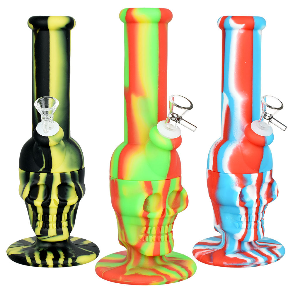 Sinfully Smiling Skull Silicone Water Pipe - 11" / 14mm F / Colors Vary - Smoke N’ Poke