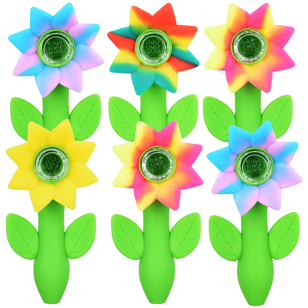 6PC Bundle - Sunflower Silicone Hand Pipe - 4.75" / Assorted Colors - Smoke N’ Poke