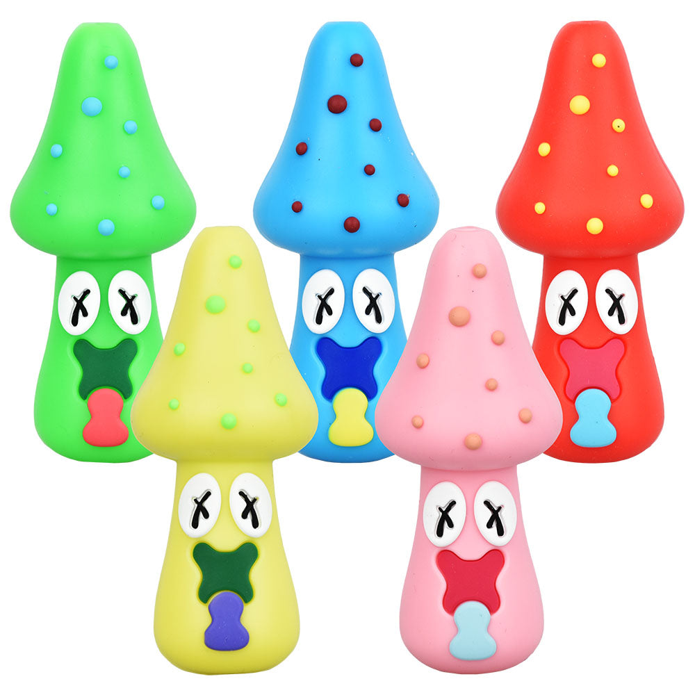 5PC SET - Spacey Facey Mushroom Silicone Hand Pipe - 3" / Assorted Colors - Smoke N’ Poke