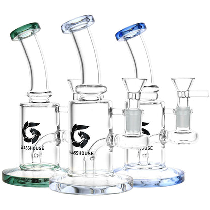 Glass House Bent Neck Glass Water Pipe - 6.75" / 14mm F / Colors Vary - Smoke N’ Poke