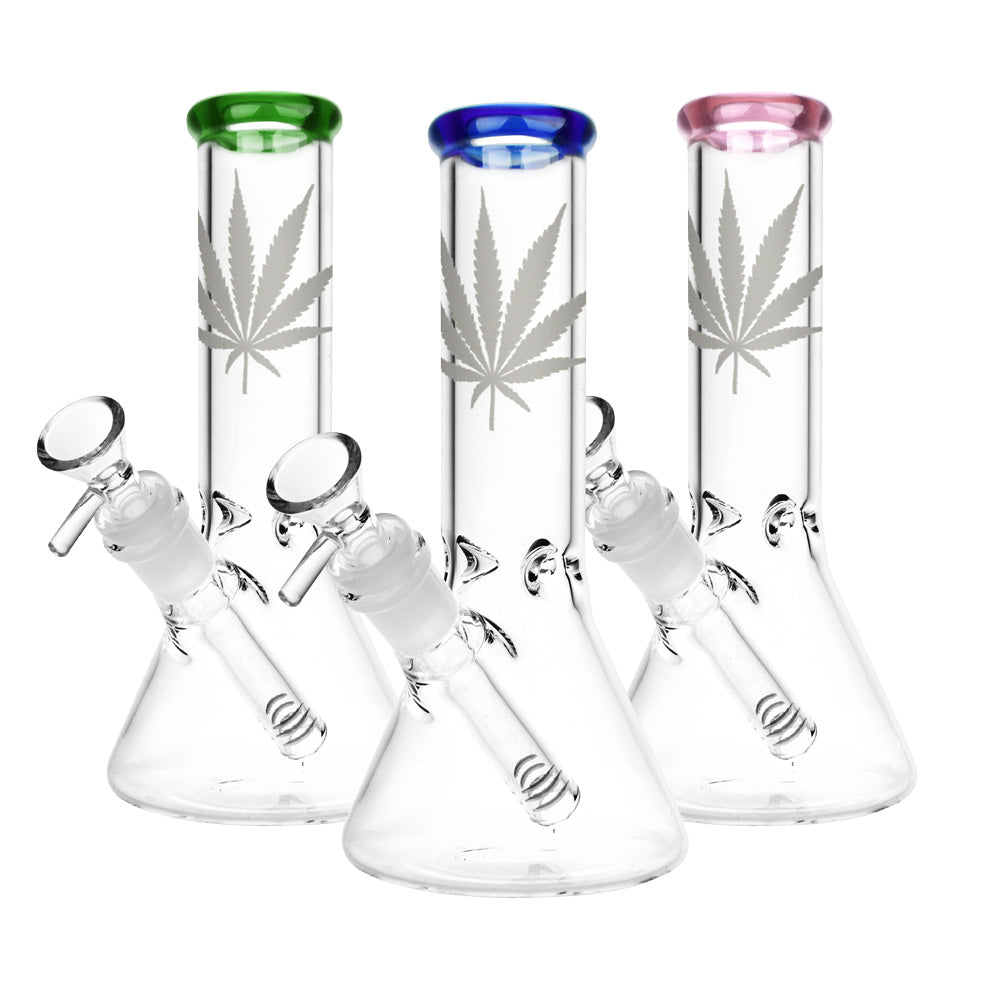 Silver Hemp Leaf Glass Beaker Water Pipe | 14mm F | Colors Vary - Smoke N’ Poke