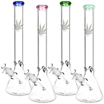 Silver Hemp Leaf Glass Beaker Water Pipe | 14mm F | Colors Vary - Smoke N’ Poke