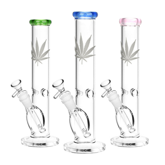 Silver Hemp Leaf Glass Straight Tube Water Pipe | 14mm F | Colors Vary - Smoke N’ Poke