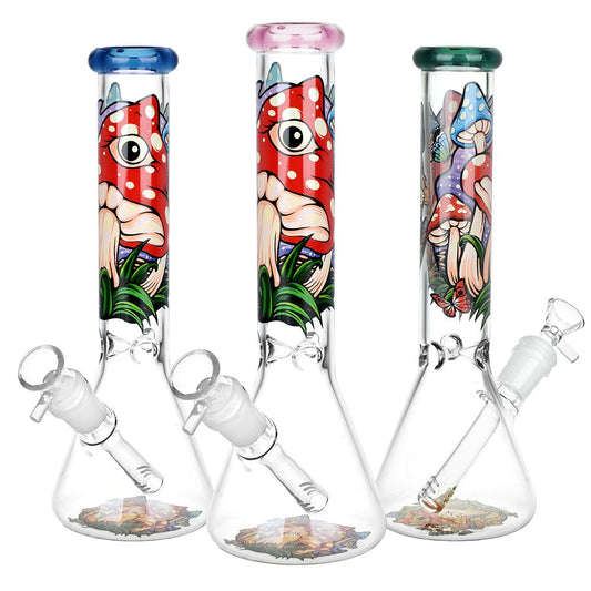 Eye Of The Shroom Beaker Glass Water Pipe - 10" / 14mm F / Colors Vary