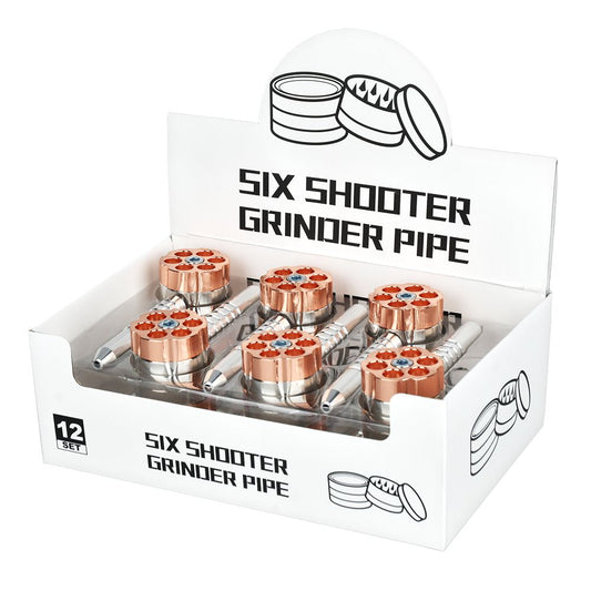 12CT DISPLAY - Six Shooter Aluminum Hand Pipe + Grinder - 4.5"