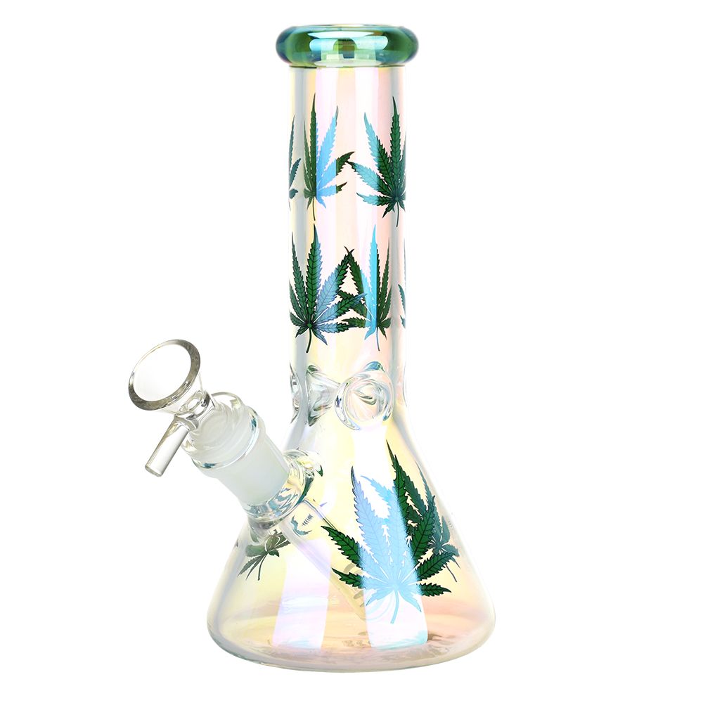 Realistic Hemp Leaf Beaker Glass Water Pipe - 7.75" / 14mm F