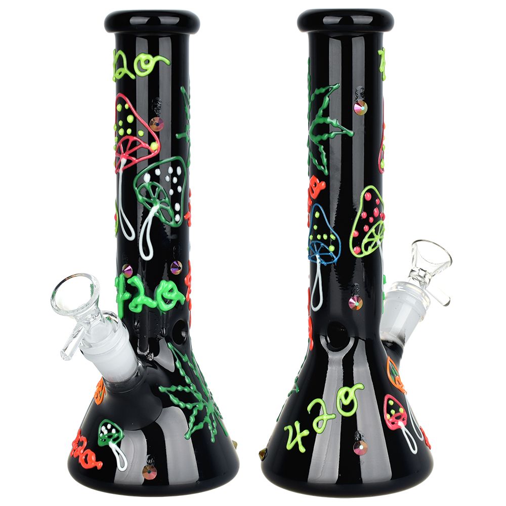 420 Leaf and Shroom Glow In Dark Glass Beaker Water Pipe - 9.5" / 14mm F