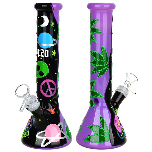 420 Beam Me Up Beaker Glow In The Dark Glass Water Pipe - 9.5" / 14mm F