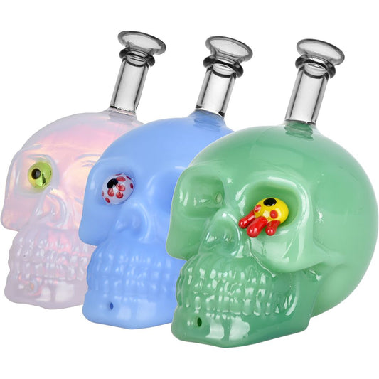 3CT BUNDLE - Creepy Eyed Skull Glass Hand Pipe - 4" / Assorted Colors