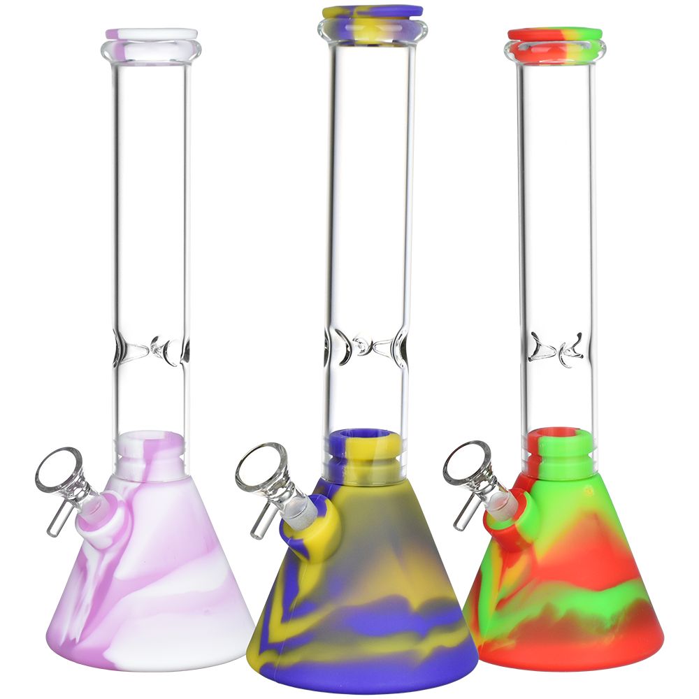 3CT BUNDLE - Silicone on Glass Beaker Water Pipe - 12" / 14mm F / Assorted Colors