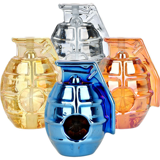 3CT BUNDLE - Grenade Electroplated Glass Hand Pipe - 3" / Assorted Colors