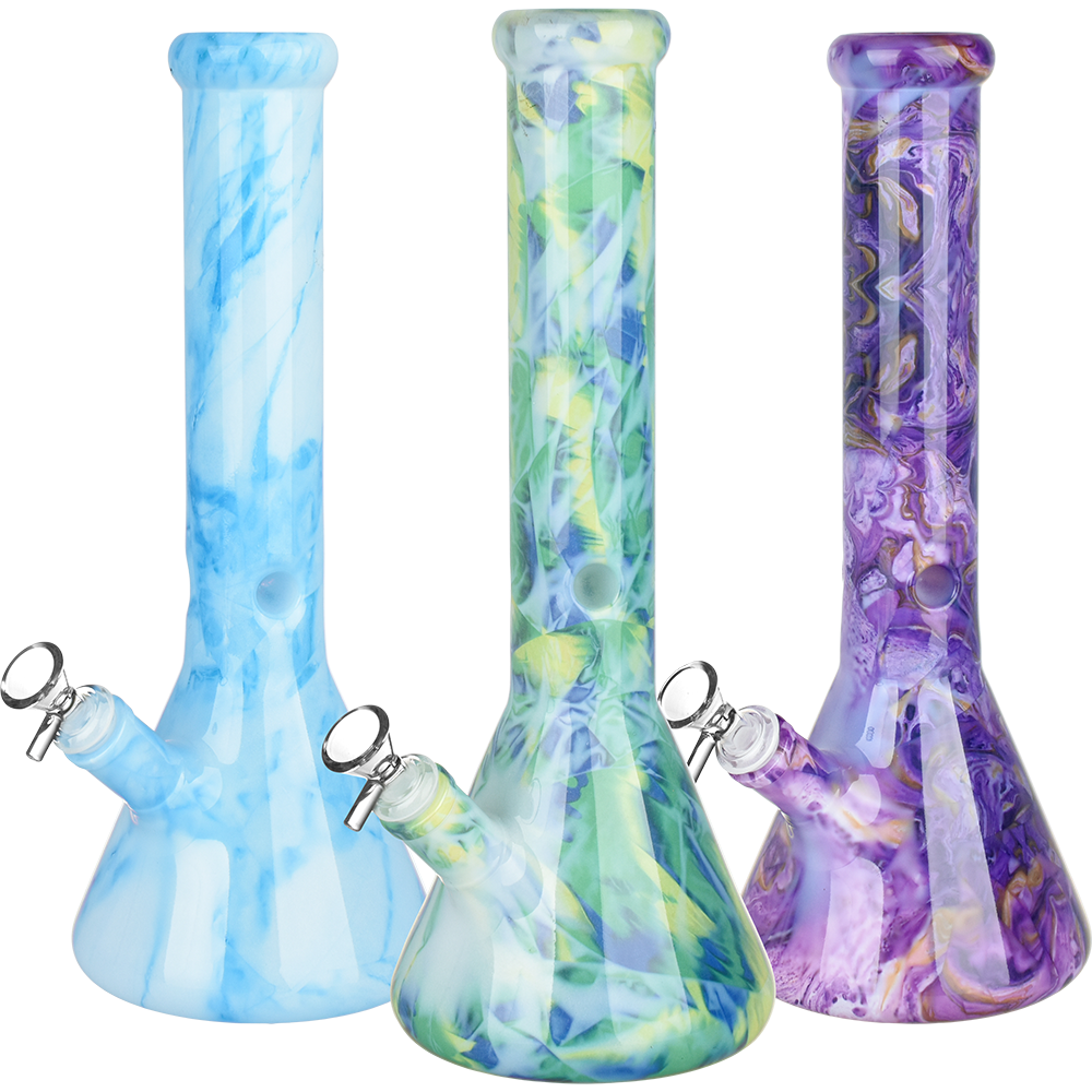 Marbled Glass Beaker Water Pipe | 14mm F | Colors Vary