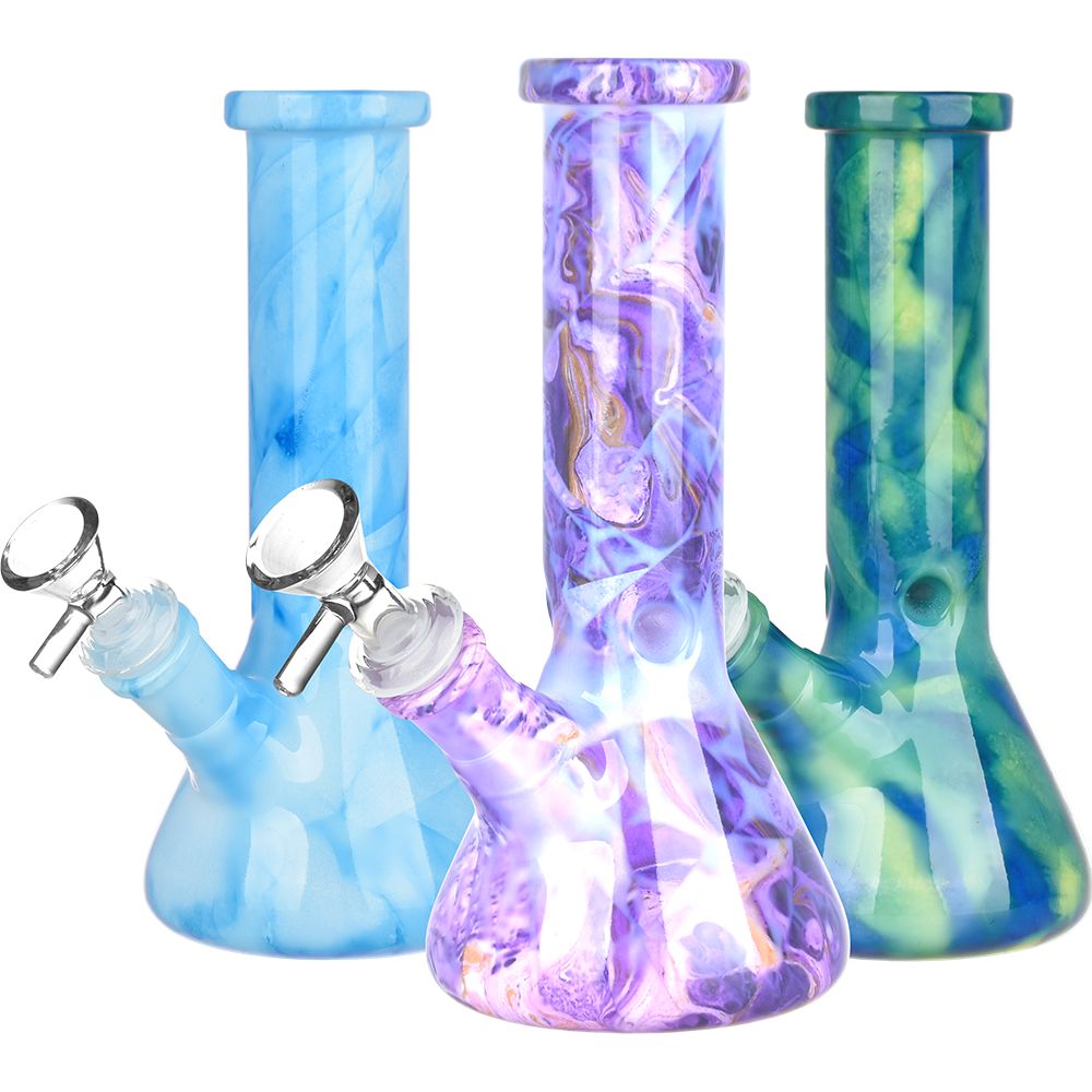 Marbled Glass Beaker Water Pipe | 14mm F | Colors Vary