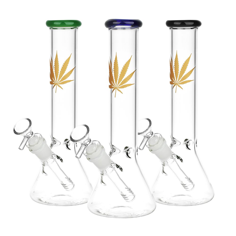 Gold Hemp Leaf Glass Beaker Water Pipe | 14mm F | Colors Vary