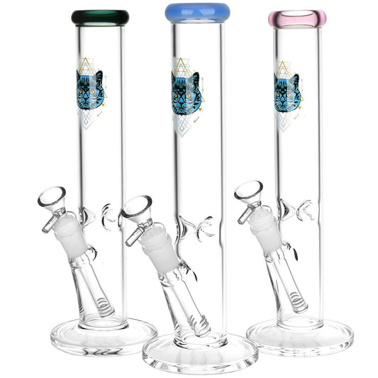 Sacred Cat Straight Tube Glass Water Pipe - 14mm F / Colors Vary