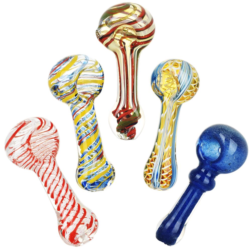 20CT BUNDLE - Strident Striped Assortment Glass Spoon Pipes - 3.5"