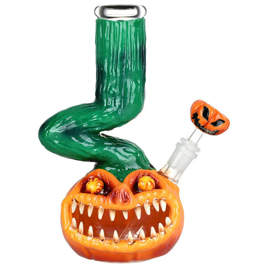 Bent Neck Scary Pumpkin Enamel On Glass Water Pipe - 10" / 14mm F