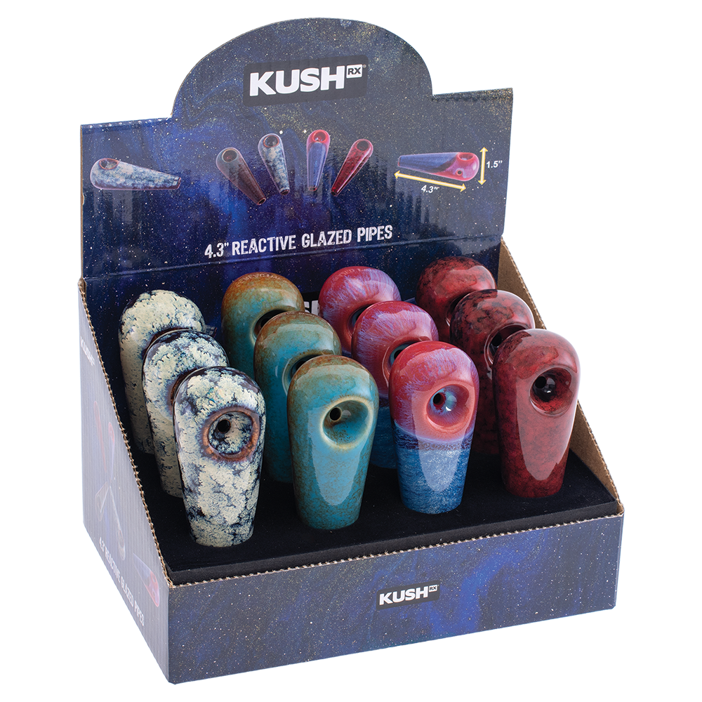 12CT DISPLAY - Kush RX Mini Reactive Glazed Ceramic Hand Pipes - 4.25" / Assorted Colors