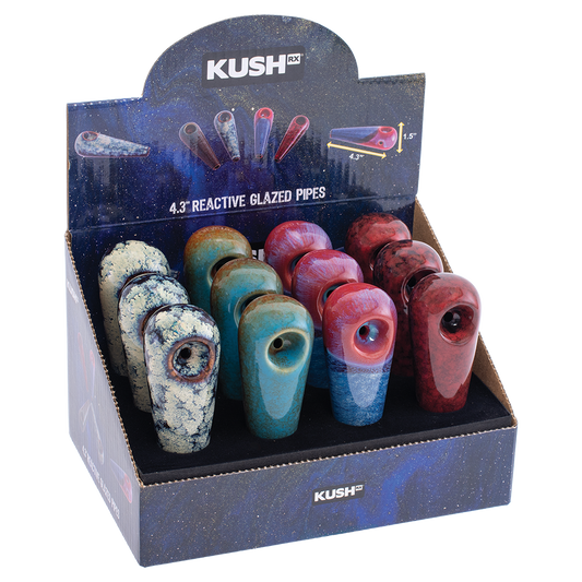 12CT DISPLAY - Kush RX Mini Reactive Glazed Ceramic Hand Pipes - 4.25" / Assorted Colors