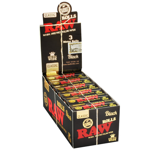 12PC DISP- RAW Black Rolls Rolling Papers -3M/King Size Wide - Smoke N’ Poke