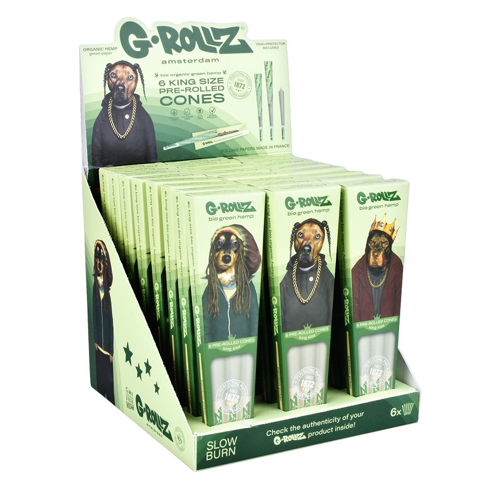 PANTALLA DE 24PK - Conos de cáñamo verde orgánico G-ROLLZ Pets Rock - 6 piezas / tamaño King