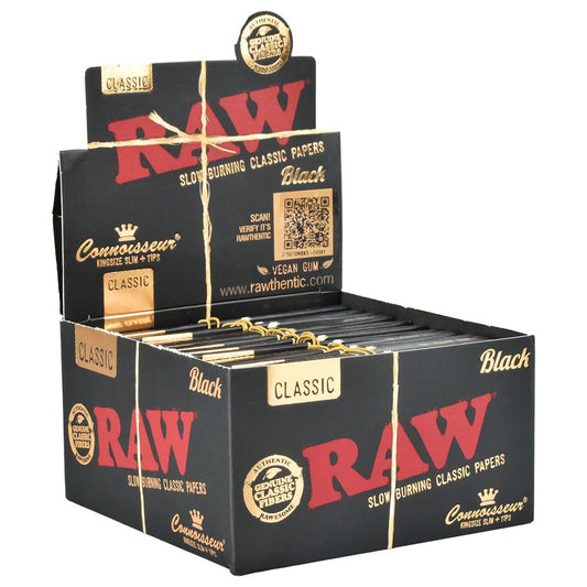 24CT DISPLAY - RAW Black Connoisseur Rolling Papers + Tips - Classic / 32pc / King Size Slim