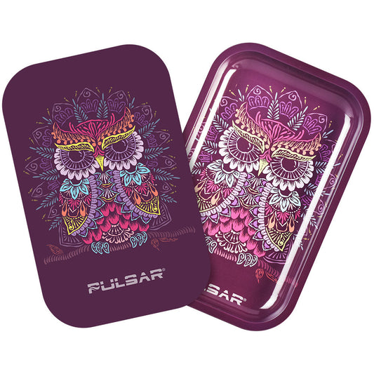 Pulsar Metal Rolling Tray w/ Lid - 11"x7" / Owl Mandala - Smoke N’ Poke