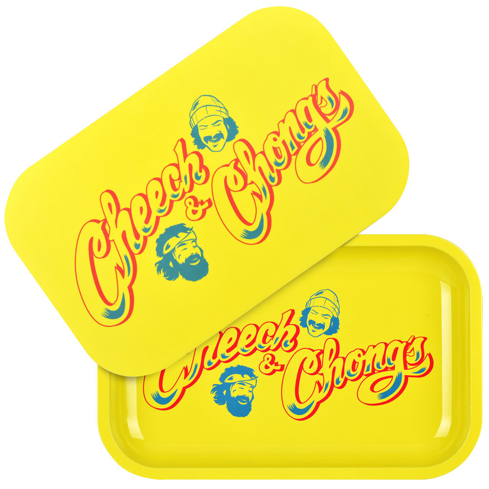 Cheech & Chong x Pulsar Metal Rolling Tray W/ Lid - Yellow Logo / 11" x 7" - Smoke N’ Poke