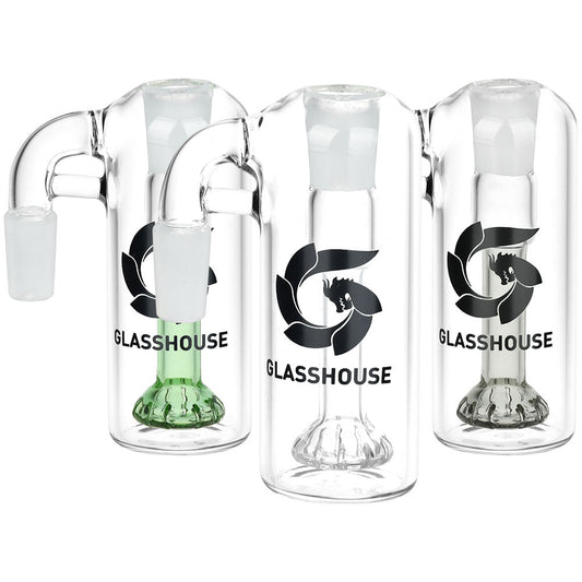 Glass House Showerhead Perc Glass Ash Catcher - 14mm M / 90D / Colors Vary - Smoke N’ Poke