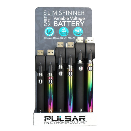 24PC DISP- Pulsar Slim Spinner Twist Style VV Batteries- Asst mAh - Smoke N’ Poke